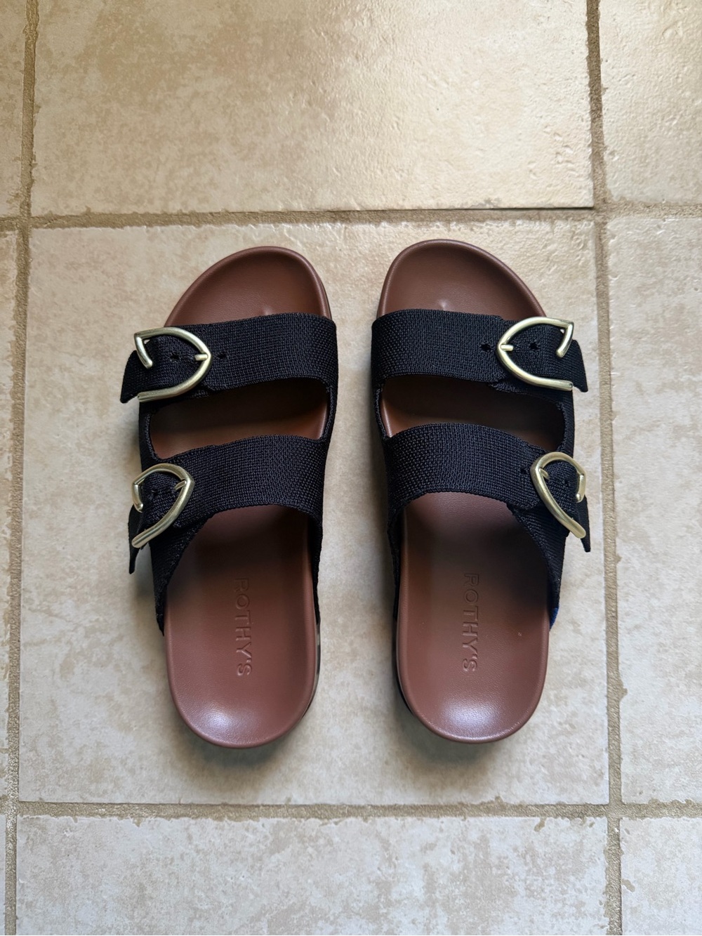 Rothy's Black Slide Sandals with Gold Buckles - Picture 2 of 5